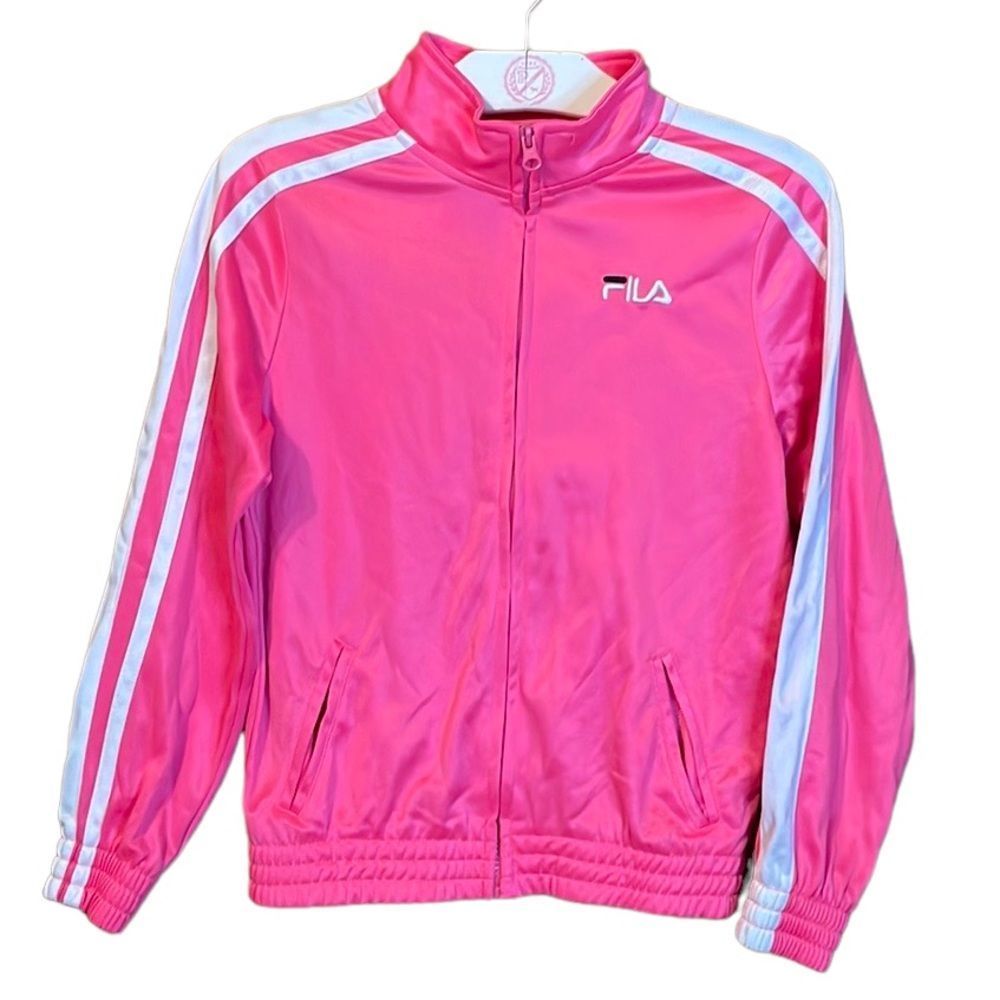 🥳H/P🎉•FILA•HOT PINK FULL ZIP LIGHTWEIGHT WHITE STRIPE SLEEVES JACKET. 10/12